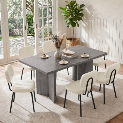 Ensemble de salle à manger rectangulaire 7 pièces Amiin, table fixe en bois veiné (1,6 m / 1,8 m) avec chaises rembourrées, style ferme moderne pour salle à manger ou cuisine.