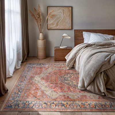 Valora Red Vintage Medallion Washable Low-Pile Area Rug With Non-Slip Backing