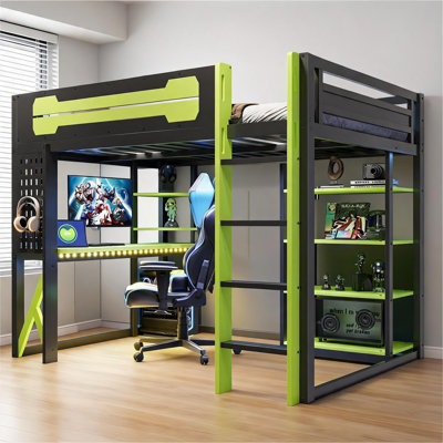Full Size All-In-One Workstation Loft Bed, Sleek Black Mixed Wood Construction with Built-In Desk, Shelves and Charging Ports