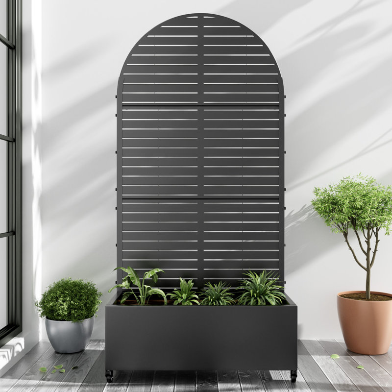 Arch Metal Planter Box with Trellis with Wheels, 72" H x 35" W x 16" D, Black