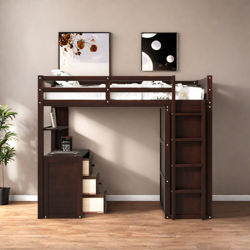 Lit mezzanine simple avec tiroirs, bureau et garde-robe, Espresso