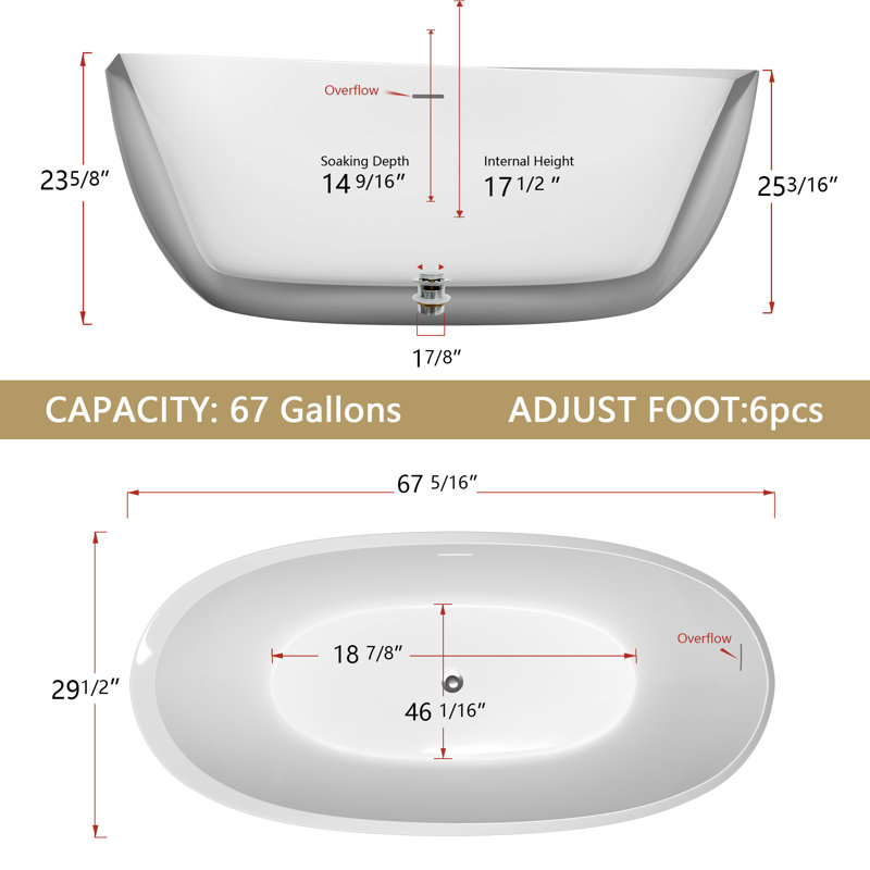 Freestanding Bathtub 67 in. White Acrylic Tub Stand Alone Extra Deep Wide Soaking Tub with Center Drain