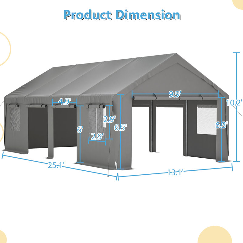 13 Ft. W x 25 Ft. D Carport Galvanized Steel Portable Garage Storage Shed Canopy