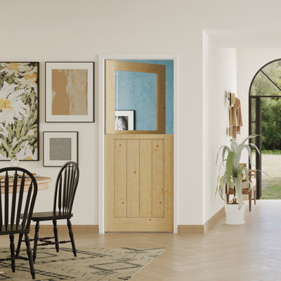 Dutch Door- Half Transpatent Glass+Natural Pine Wood Interior Door Prehung Slab Doors With Door Frame（No pre-drilled holes)