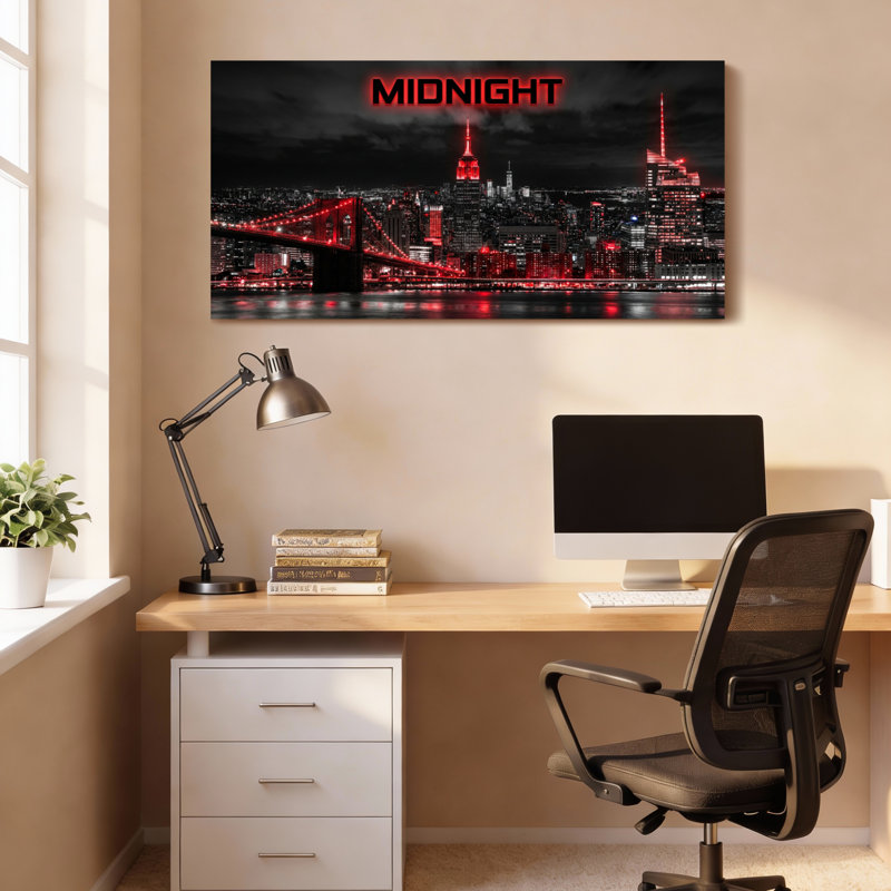 Tableau sur toile tendue représentant un paysage urbain nocturne illuminé par des néons rouges (lot de 1), H 16 po x l 32 po