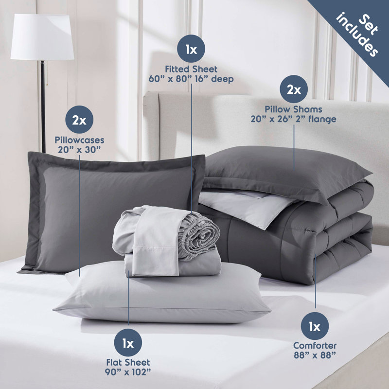 Bed-in-A-Bag Reversible Comforter Set with Bed Sheets, Dark Gray, Queen Comforter + 7 Additional Pieces