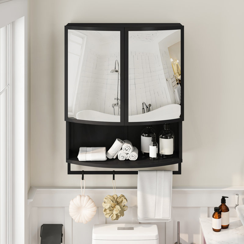 Armoire moderne en verre arquée à deux portes avec tablette ouverte et porte-serviettes, Noir