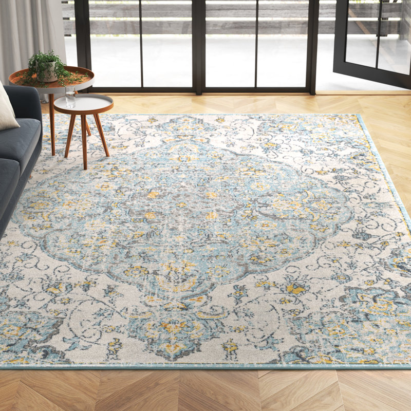 Tapis bleu clair / jaune Cabe, Rectangle 7 pi 10 po x 10 pi