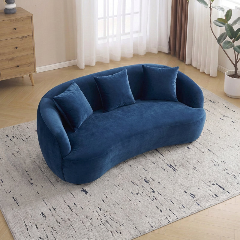 Causeuse incurvée moderne de 65 po x P 39,4 po avec 3 coussins et coussin en mousse compressée, Bleu