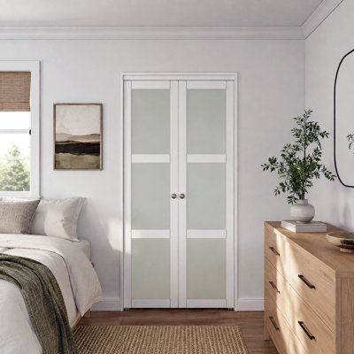 Portes-fenêtres pivotantes à 3 battants en verre trempé dépoli, âme pleine en bois manufacturé, 36 po x 80 po, avec quincaillerie incluse (idéales pour garde-manger, garde-robe, buanderie, salle de bain)