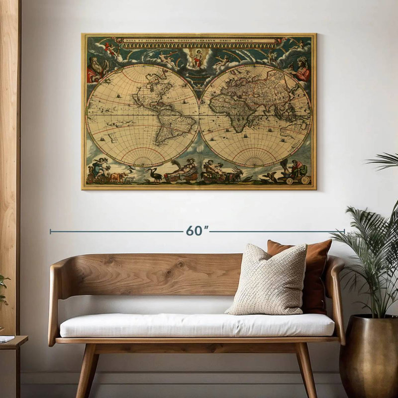 Carte du monde Aliaz des années 1600, H 32 po x l 48 po