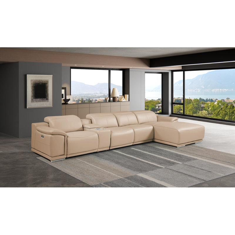 Canapé modulaire en L en cuir véritable 5 pièces BEIGE faisant face à la gauche avec 1 fauteuil inclinable électrique et appuie-têtes réglables