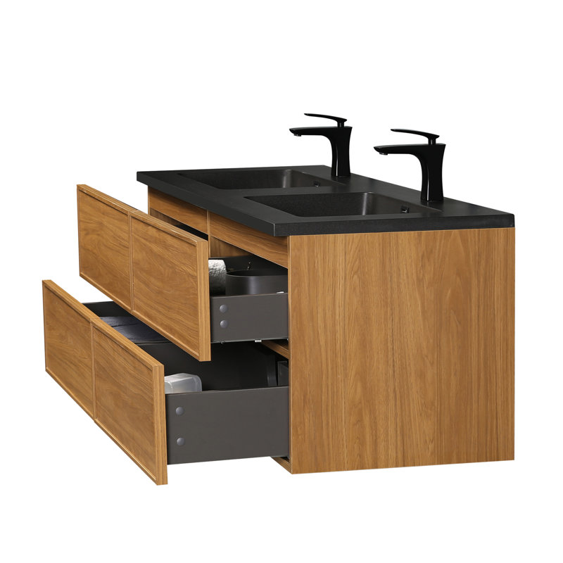 Meuble-lavabo flottant 4 tiroirs Lucille l 60 po x P 21 po en noyer doré miel avec double lavabo et comptoir en quartz, Brun