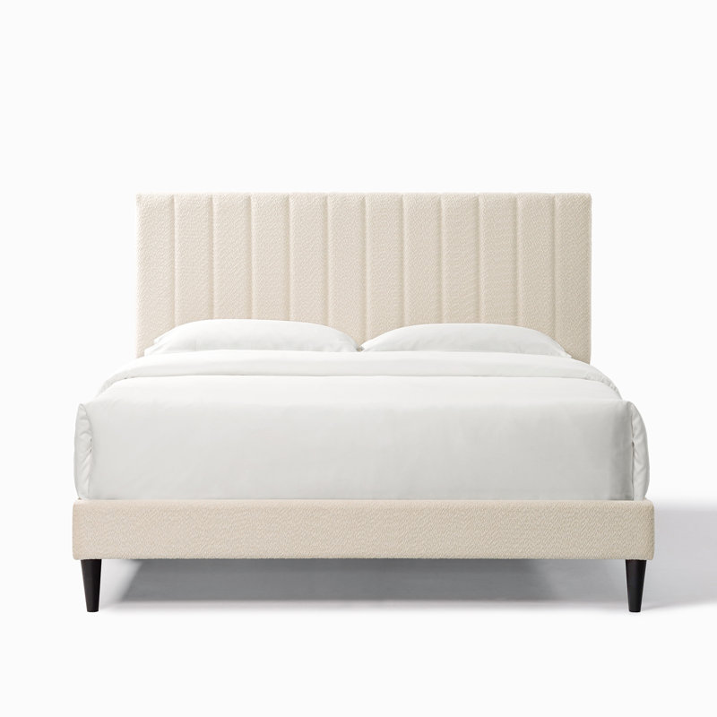 Luxury Pearl White Upholstered Bed For Queen With Noise Reduction And Soft Fabric Bedroom Platform In Upholstery Straps
