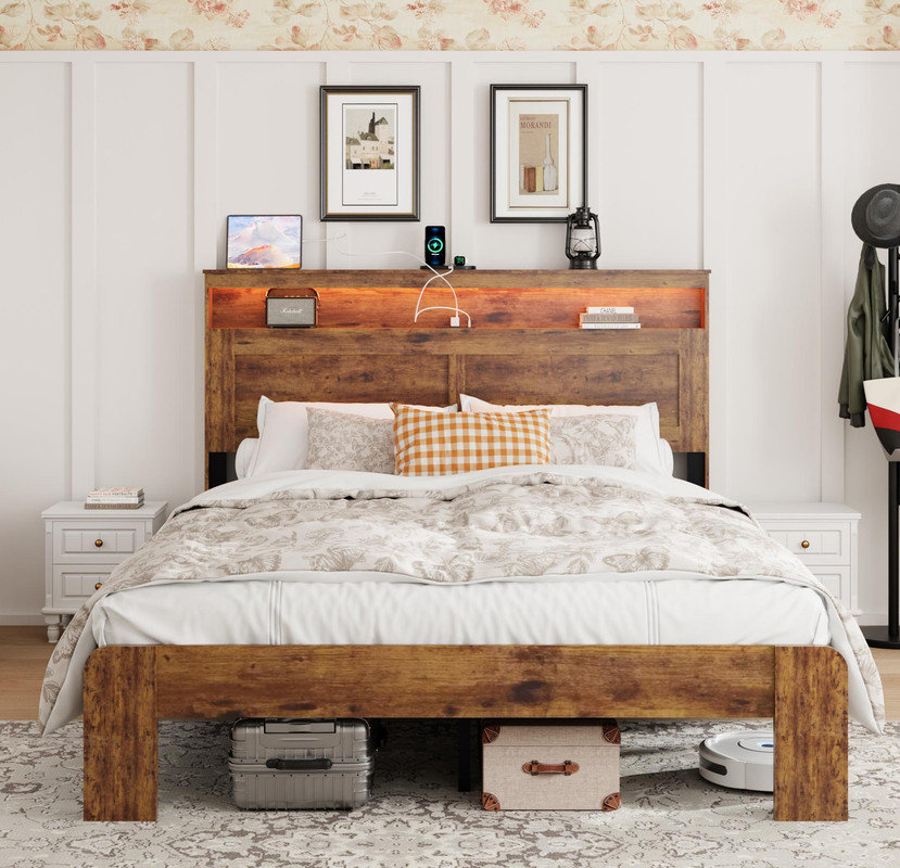 Queen Size Wood Platform Bed - LED Headboard, USB, Storage,