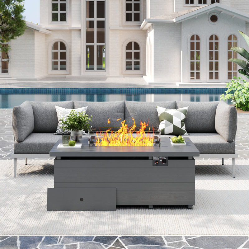 5 Pcs Patio Furniture Set With Fire Pit Table Metal Outdoor Sectional Sofa With 6" Olefin Cushion, White