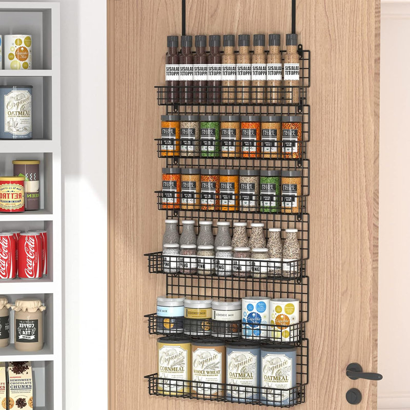 Étagère à épices à 6 niveaux avec crochet de porte, support mural et porte-épices pour porte de garde-manger de cuisine, deux tailles, grande capacité, noir
