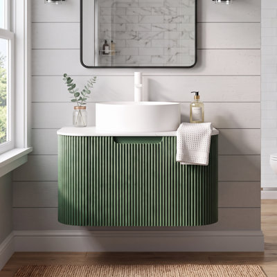 Meuble-lavabo mural 24 po pré-assemblé, armoire en contreplaqué avec tiroir à fermeture en douceur, comptoir en pierre frittée et lavabo vasque rond en céramique avec trou de robinet pré-percé