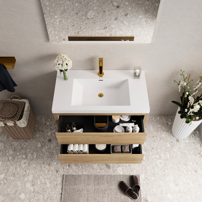 Meuble-lavabo flottant 36 po avec lavabo en résine de pierre, tiroirs à fermeture en douceur, matériau en chêne naturel, pré-construit pour un rangement facile d'accès, comptoir, entièrement assemblé, de longue durée et sécuritaire