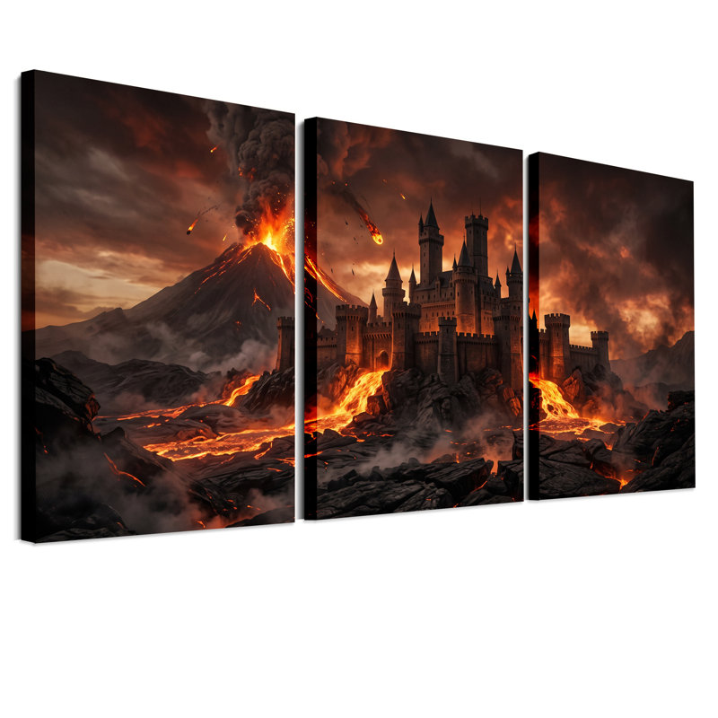 «Dark Castle Near Erupting Volcano», ensemble de 3 toiles d'Halloween, H 18 po x l 12 po x 3 pièces