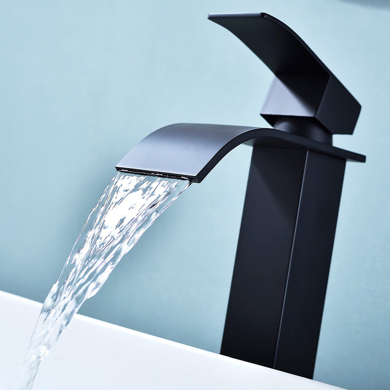 Single Handle Waterfall High Arc Bathroom Sink Faucet with Deck Plate in Matte Black, Matte Black