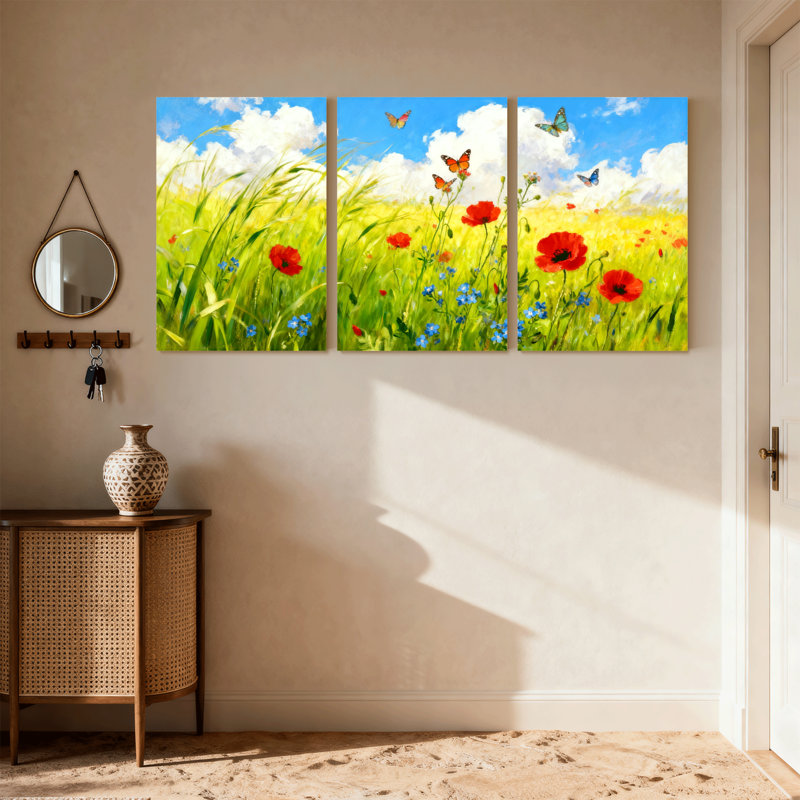 Ensemble de 3 impressions sur toile Scrapic & Cityscapes Poppy Field avec papillons et ciel bleu, H 24 po x l 48 po