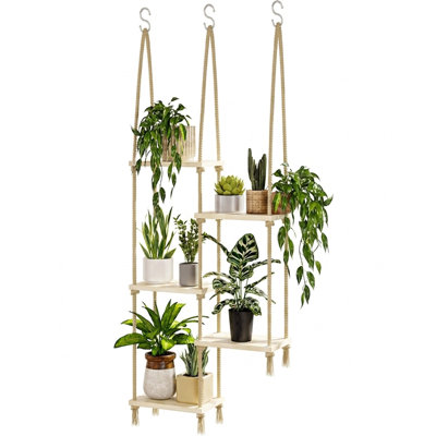 Hanging Plant Shelf, Wooden Window Plant Hanger with Rope Shelves for Indoor Plants, Boho Wall-Mounted Display