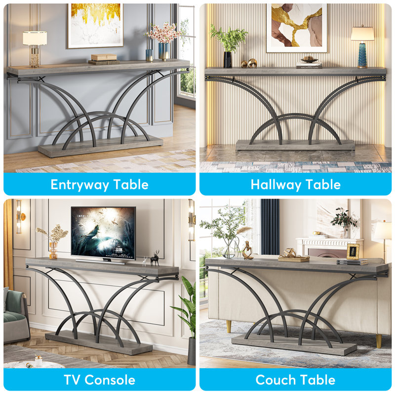 Mona 70.86'' Extra Long Console Accent Table for Entryway with Half-Moon Metal Frame, Gray/Black