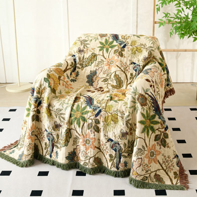 Vintage Botanical Bird Reversible Cotton Throw Blanket with Fringe Trim, Boho Woven Decorative Tapestry Blanket for Sofa, Bed, Couch, Picnic & Travel