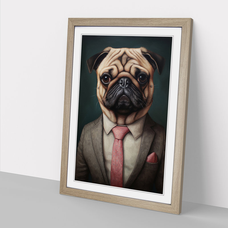 Pug In A Suit Painting No.6 - Single Picture Frame Print on Wood, Oak Framed, 34cm H x 25cm W x 2cm D