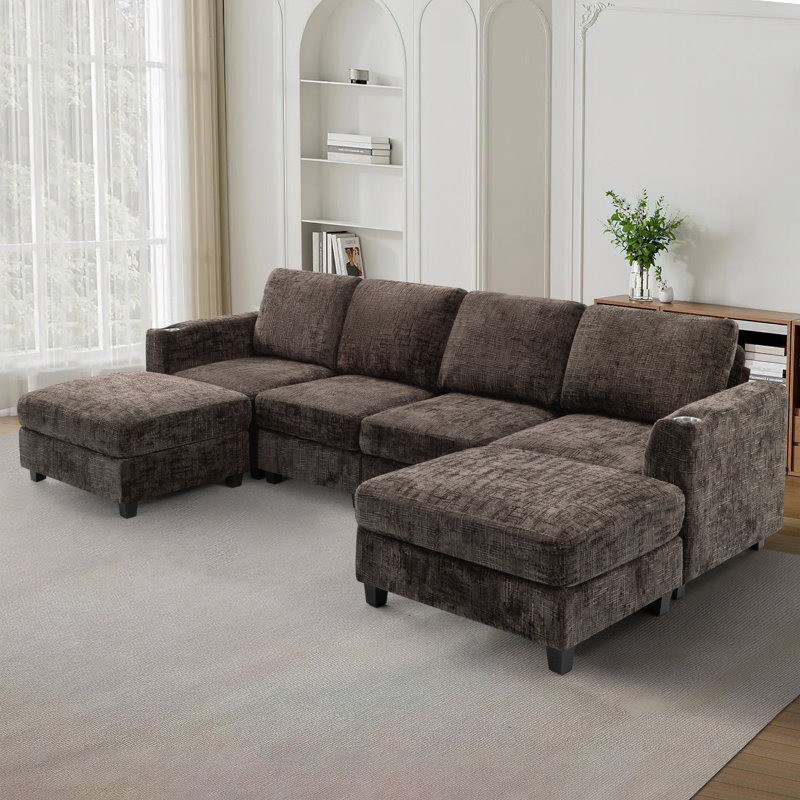 Canapé modulaire en chenille de 110 po avec porte-gobelets robustes, canapé modulaire en forme de U avec repose-pieds flexible pour le salon, un appartement