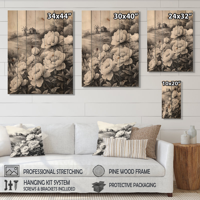 Pivoines monochromes et moulin à vent I - Décoration murale en bois de pivoines - sur bois de pin naturel