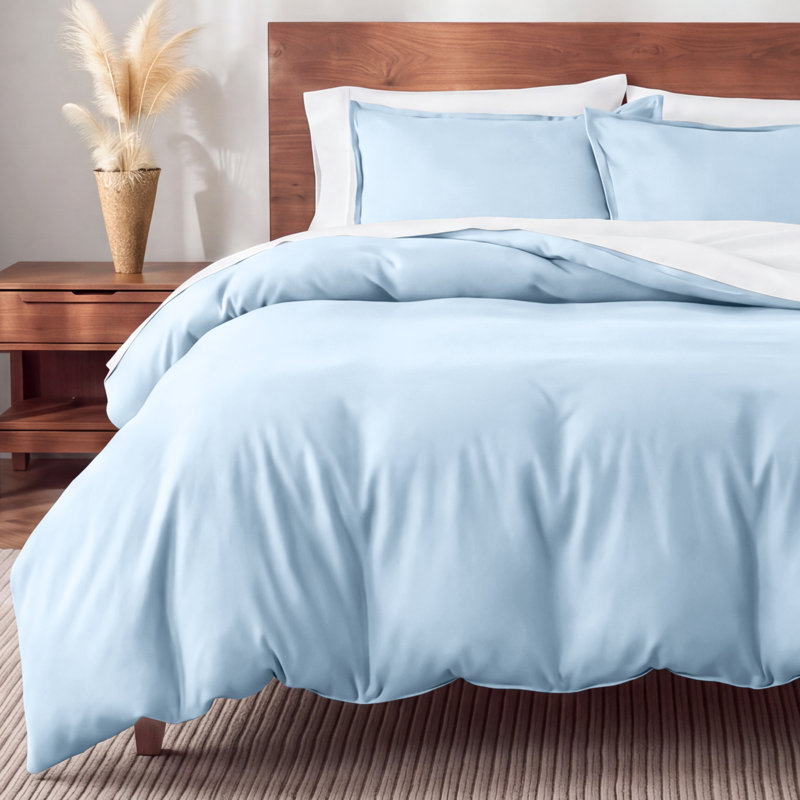 100% Cotton Flannel Duvet Cover Set, Light Blue, King Duvet Cover + 2 King Shams