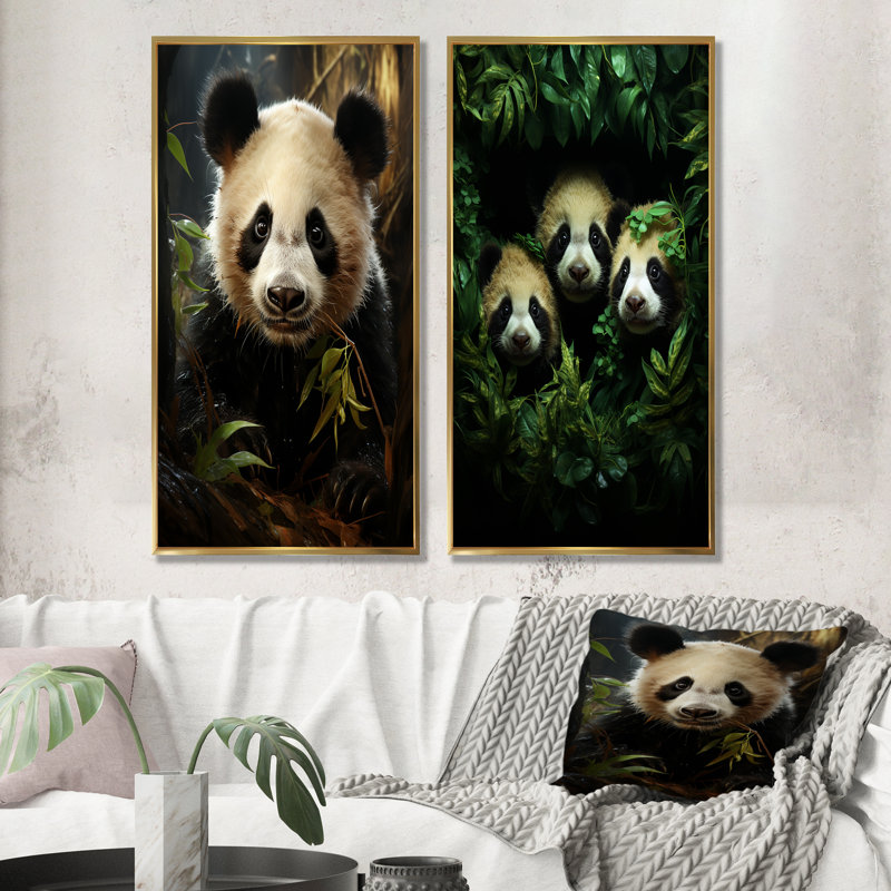 Ensemble de 2 reproductions d'art mural Pandas Play III - Panda, Cadre flottant doré, H 28 po x l 25 po