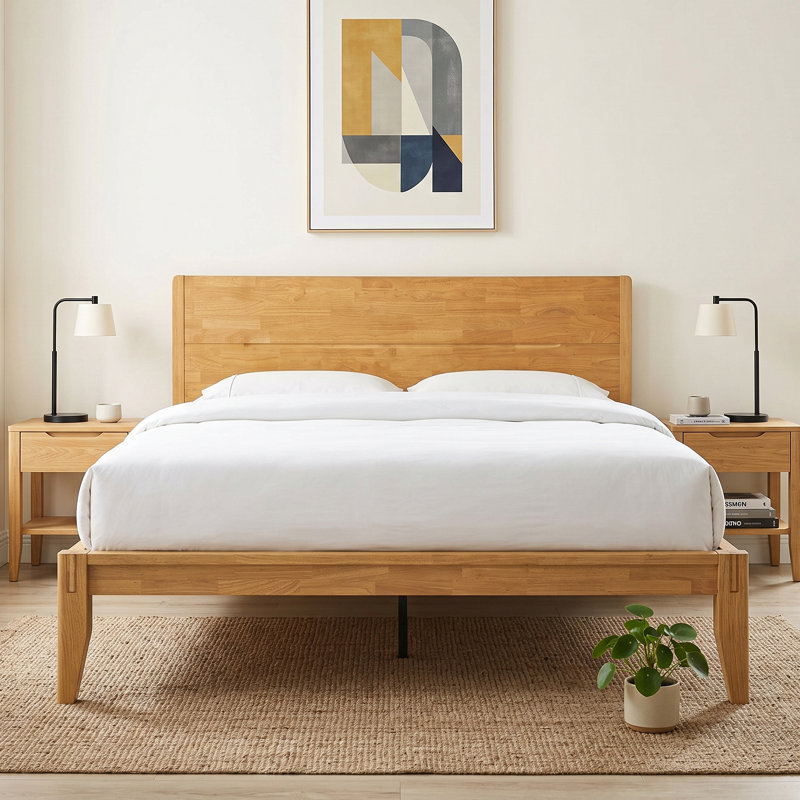 Arvion Queen Size Transitional Modern Solid  Wood Platform Bed Frame, ARB-41-Q, with Panel Headboard & Japanese Joinery, Honey Oak, No Box Spring Needed