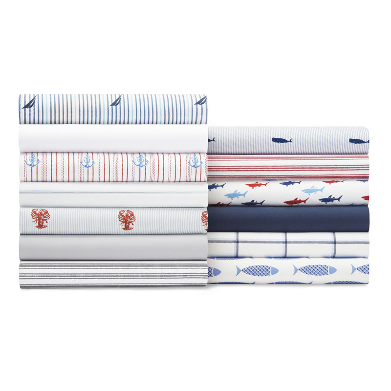 Nautica Cotton Percale Sheet Sets, Twin Sheet Set with 1 Pillowcase, Whale Stripe