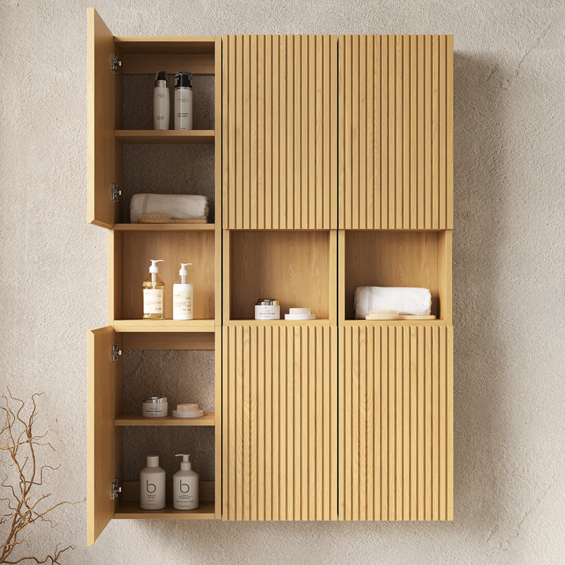 Armoire de rangement pour salle de bain de 41 po - 6 armoires avec portes en contreplaqué couleur de grain de chêne, imperméable et fonctionnelle pour différentes zones