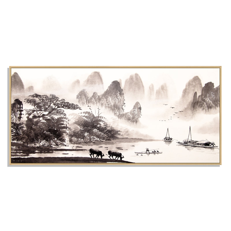 Peinture de paysage chinois III - peinture sur toile, L 40 po x H 30 po, Encadrement brun