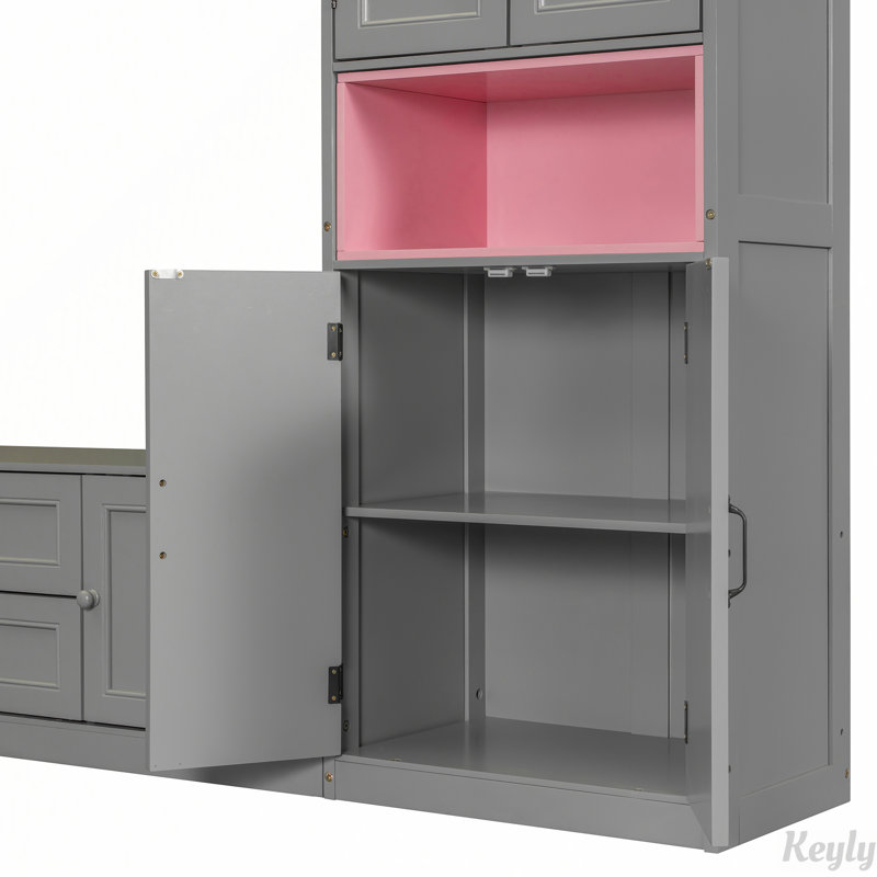 Lit escamotable en bois avec meuble télé, 2 tiroirs, tablettes et armoires, gris