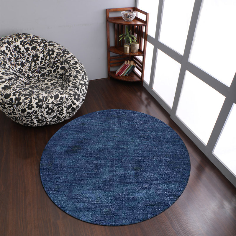 Sahale Hand Knotted Loom Wool Eco-Friendly Area Rugs  -  Round, Blue Color, Plain Solid Design, High Pile Thick Handmade Anti Skid Area Rugs for Living Room, Bed Room