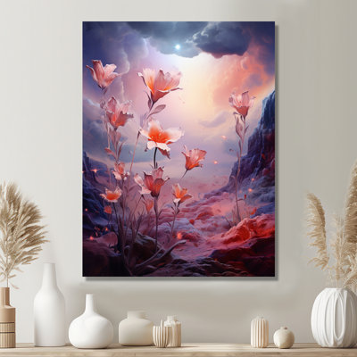 Ephemeral Pink Flower Mountain Landscape - Abstract Landscape Wall Art Living Room