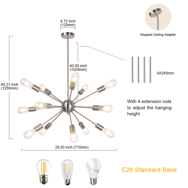 Luminaire suspendu sphérique moderne en bronze huilé 15 lumières réglables Sputnik, Nickel brossé