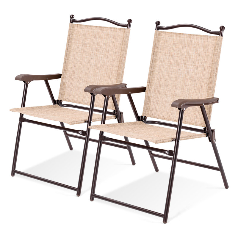 Set Of 2 Patio Folding Sling Back Camping Deck Chairs, Beige