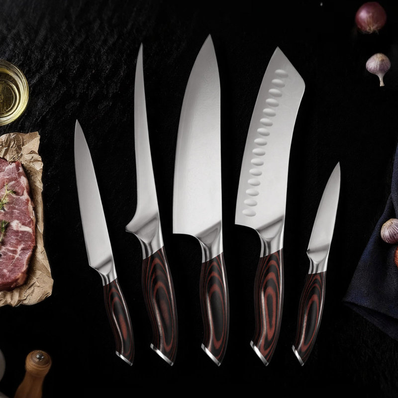 Ensemble de couteaux de cuisine, 5 couteaux tranchants en acier inoxydable à haute teneur en carbone, durable et résistant à la rouille, coutellerie de cuisine professionnelle avec poignée ergonomique résistante aux fissures, pour une coupe précise
