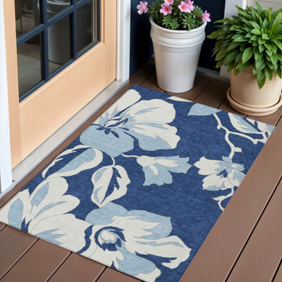 HomeRoots 3' X 5' Navy Blue Denim Blue And Ivory Floral Washable Indoor Outdoor Area Rug