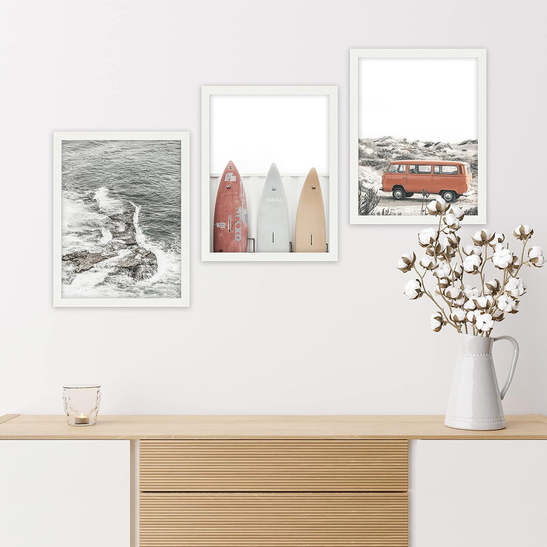Coastal Beach " Surfboard Beach Wave 1960s Van Wilderness Nature Realism Calm " 3 - Pieces IDEA4WALL Frame 