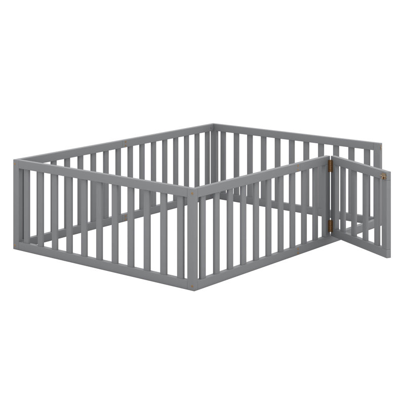 Full Size Platform Bed With Fence, Solid Wood Floor Bed Frame With Door, Elegant Design Daybed Frame, Gray