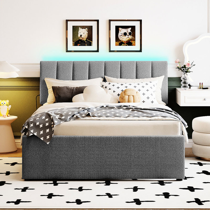 Lit plateforme tapissier avec lit gigogne, lit gigogne polyvalent et confortable, atmosphère classique, Gris, Lit double
