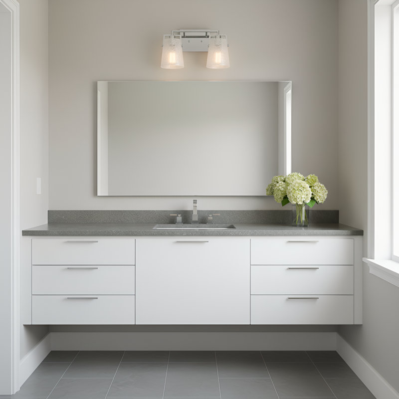 Crofton Bathroom Bedroom Wall Fixture With Clear Crackle Glass Shade, 2 Lights, Chrome, 9" H x 14.625" W x 7.5" D