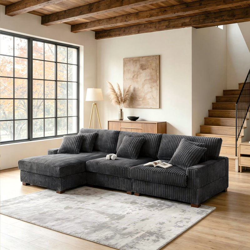 3 - Piece Upholstered Gray Faux Rabbit Fur Flannel Modular Sectional Sofa with Armrests & Throw Pillows